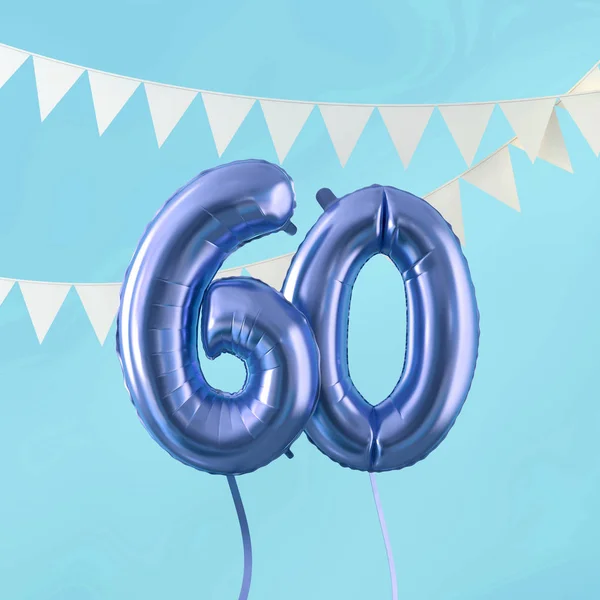 60 व्या वाढदिवसाच्या पार्टीच्या शुभेच्छा ब्लू बेलून आणि बंटींग. 3D रेंडर — स्टॉक फोटो, इमेज