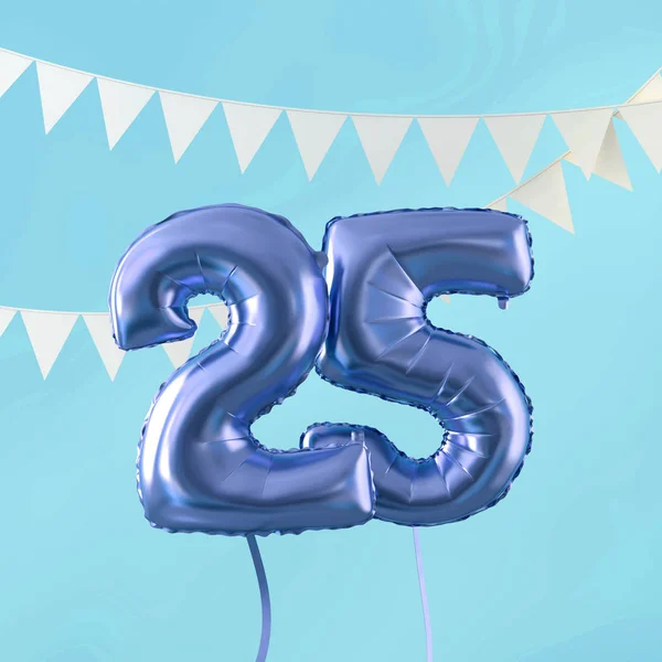 Happy 25th Birthday Party firande blå ballong och sparvar. 3D-rendering — Stockfoto