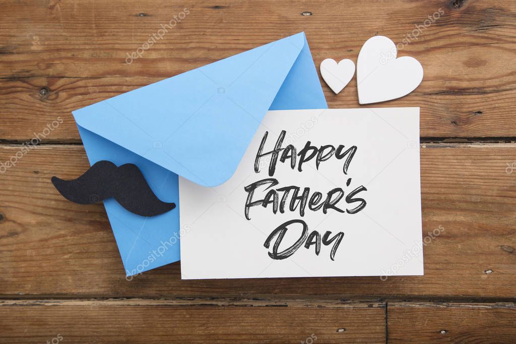 Happy Fathers day card and envelope with mustache and love hearts