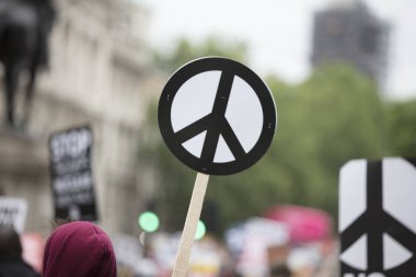 Bir kişi bir protesto bir barış işareti afiş tutar