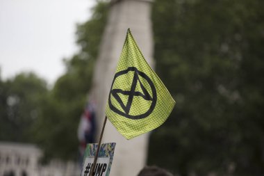 Londra, İngiltere - 4 Haziran 2019: Extinction İsyanı bayrakları protestoda dalgalanıyor