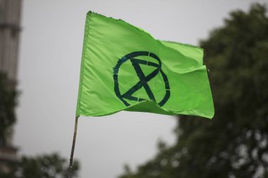 Londra, İngiltere - 4 Haziran 2019: Extinction İsyanı bayrakları protestoda dalgalanıyor