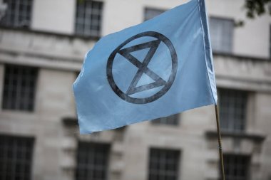 Londra, İngiltere - 4 Haziran 2019: Extinction İsyanı bayrakları protestoda dalgalanıyor