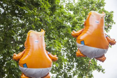 Londra, İngiltere - 4 Haziran 2019: Bebek Donald Trump helyum balonları Londra'nın merkezinde ki Trump karşıtı mitingde