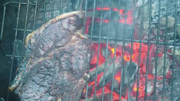 Succulent steak being grilled on a barbecue. Slow motion — Stock Video