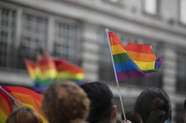 Bir seyirci Londra'da bir Lgbt gay gurur yürüyüşünde bir gay gökkuşağı bayrağı dalgalar
