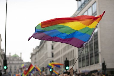 Gay gururu, LGBTQ gökkuşağı bayrakları havada sallanıyor
