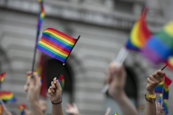 Crowds of people wave gay pride flags at a solidarity march