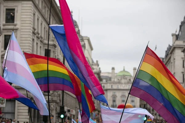 La gente agita banderas de arco iris de orgullo gay LGBTQ en un evento de orgullo — Foto de Stock