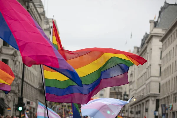 La gente agita banderas de arco iris de orgullo gay LGBTQ en un evento de orgullo —  Fotos de Stock