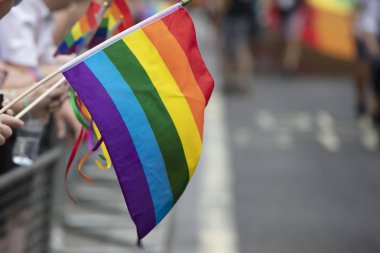 İzleyiciler bir Lgbt gay gurur topluluk olay bir gay gökkuşağı bayrağı dalgalar