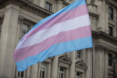 Lgbt gay gurur yürüyüşünde bir transseksüel bayrağı sallanıyor