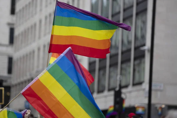 Bir Lgbt gay gurur dayanışma geçit töreninde Gökkuşağı gay gurur bayrakları — Stok fotoğraf