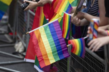 İzleyiciler bir Lgbt gay gurur topluluk olay bir gay gökkuşağı bayrağı dalgalar