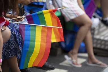 Bir seyirci Londra'da bir Lgbt gay gurur yürüyüşünde bir gay gökkuşağı bayrağı dalgalar