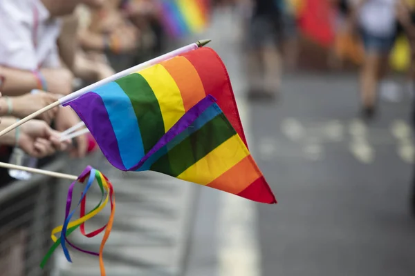 Spectators waves a gay rainbow flag at an LGBT gay pride community event — Stock Photo, Image