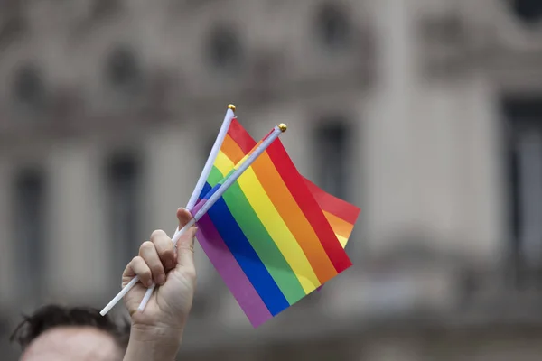 観客はLgbtゲイプライドコミュニティイベントでゲイの虹の旗を振ります — ストック写真