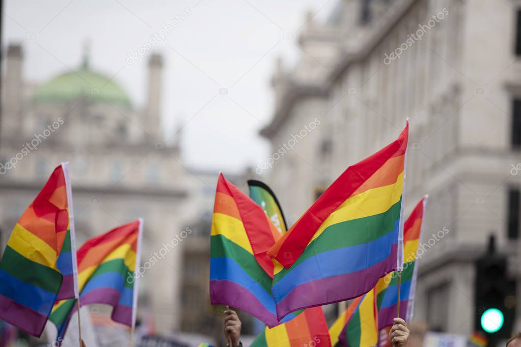 Rainbow gay pride flags at an LGBT gay pride solidarity parade