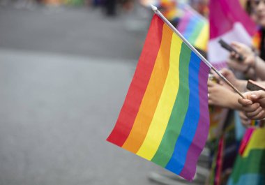 İzleyiciler bir Lgbt gay gurur topluluk olay bir gay gökkuşağı bayrağı dalgalar