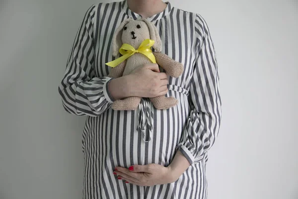 彼女のおなかとバニーテディベアを保持している妊娠中の女性 — ストック写真