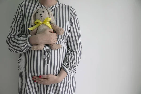 Una donna incinta che tiene la pancia e un orsacchiotto di coniglio — Foto Stock