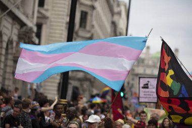 Londra, Ingiltere-6 Temmuz 2019: bir dayanışma yürüyüşü Insanlar dalga LGBTQ gay gurur bayrakları