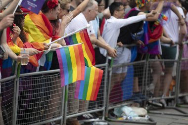 Londra, İngiltere - 6 Temmuz 2019: Her yıl düzenlenen gurur dalgası lgbtq gay gurur bayraklarını izleyen izleyiciler