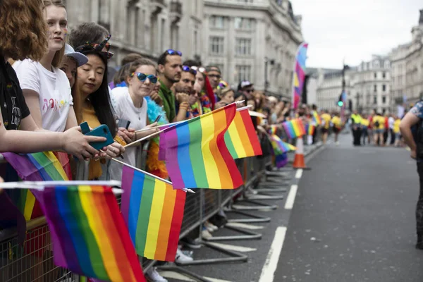 伦敦，英国 - 2019年7月6日：观看年度骄傲游行的观众挥舞Lgbtq同性恋骄傲旗帜 — 图库照片