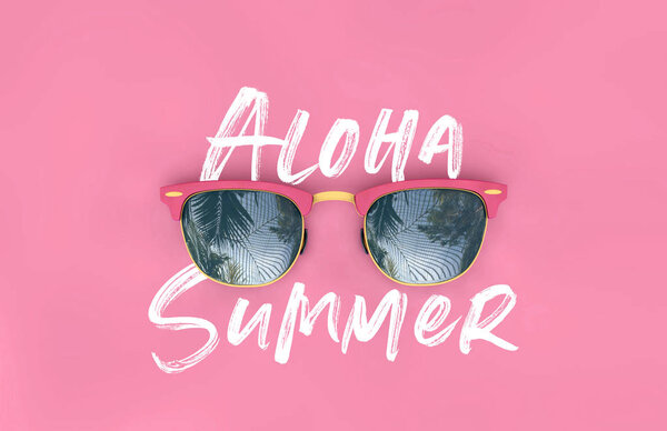 Aloha Summer sunglasses with tropical palm tree reflections. 3D Rendering