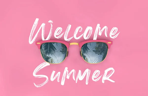 Willkommen im Sommer Sonnenbrille mit tropischen Palmen Reflexionen. 3D-Darstellung — Stockfoto