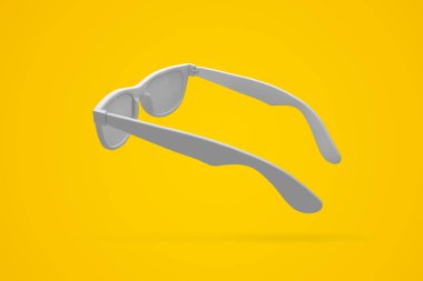 Parlak sarı arka planda beyaz güneş gözlüğü. Yaz sırtı