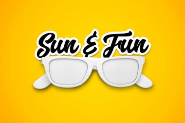 Parlak sarı bac beyaz güneş gözlüğü ile Güneş ve Eğlenceli mesaj