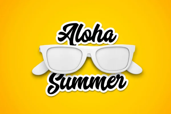 Aloha sommerbotschaft mit weißer sonnenbrille auf einem leuchtend gelben ba — Stockfoto