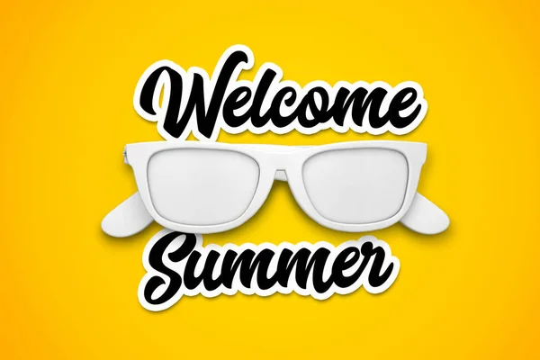 Benvenuti Messaggio estivo con occhiali da sole bianchi su un giallo brillante — Foto Stock