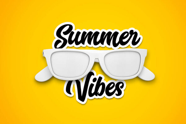 Летнее послание Vibes в белых солнцезащитных очках на ярко-желтой ba
