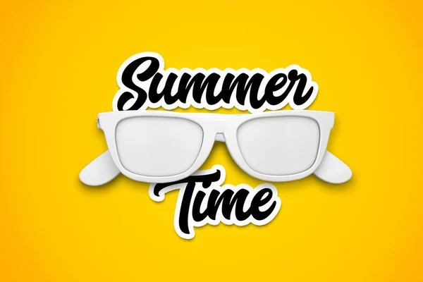 Summer time message with white sunglasses on a bright yellow bac — Stock Photo, Image