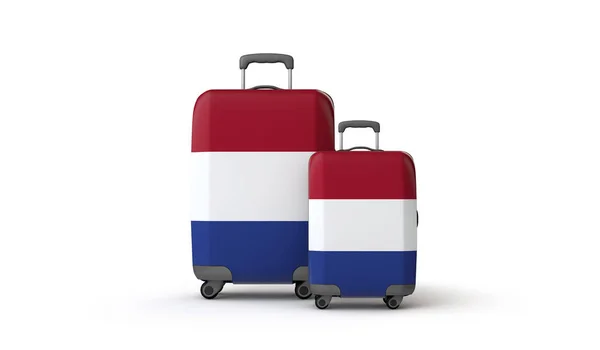 Hollandia lobogó nyaralás úti cél bőröndök elszigetelt fehér. 3D-leképezés — Stock Fotó