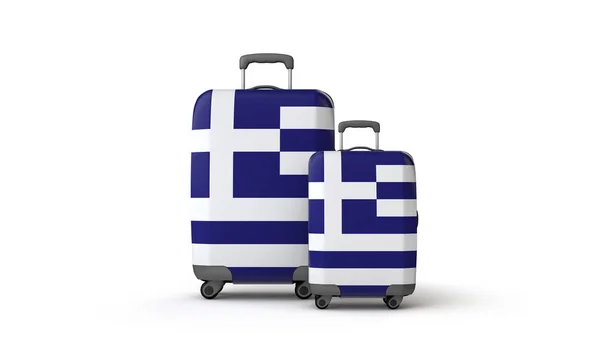 Griechenland Flagge Urlaubsziel Reisekoffer isoliert auf weiß. 3D-Darstellung — Stockfoto