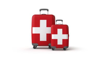 İsviçre bayrağı tatil beldesi bavullar beyaz izole. 3d Render