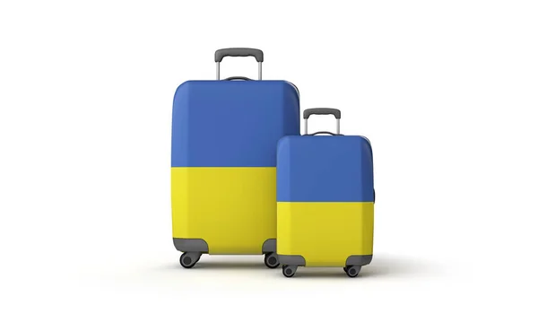 Reisekoffer mit ukrainischer Flagge auf weißem Grund. 3D-Darstellung — Stockfoto