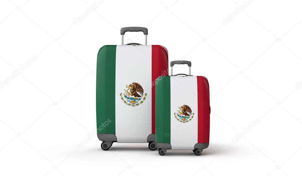 Mexico flag holiday destination travel suitcases isolated on white. 3D Render