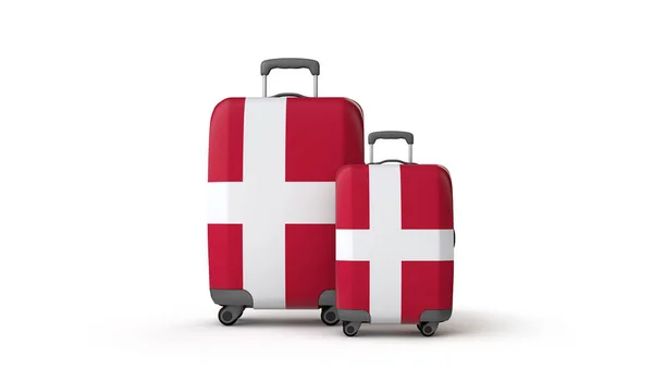 Dania flaga wakacje miejsce podróży walizki na białym tle. Renderowanie 3D — Zdjęcie stockowe