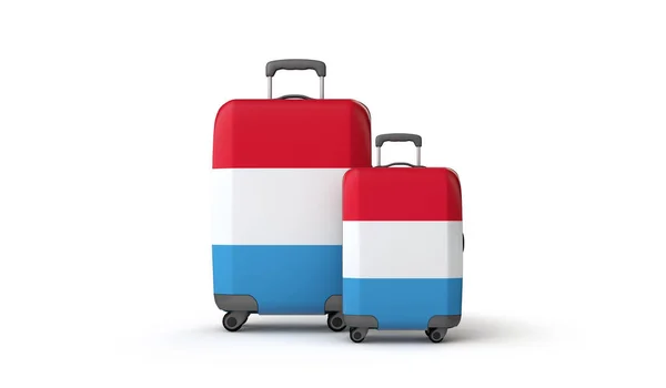 Luxemburg lobogó nyaralás cél bőröndök izolált fehér. 3D-leképezés — Stock Fotó