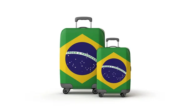 Бразилія прапор свято призначення подорожі валізи ізольований по білому. 3D візуалізації — стокове фото