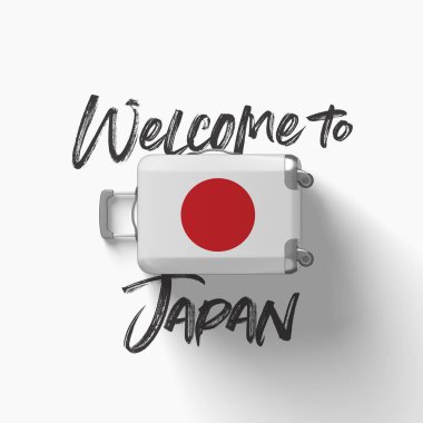 Japonya 'ya hoş geldiniz. bir seyahat bavulu üzerinde ulusal bayrak. 3D render
