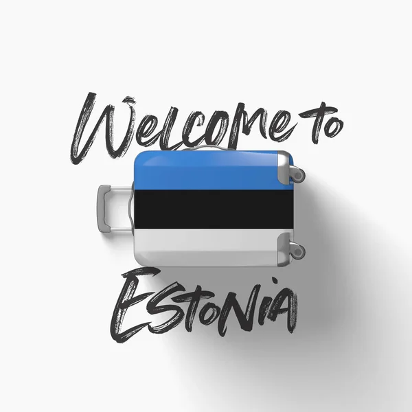 Добро пожаловать в Эстонию. национальный флаг на чемодане для путешествий. 3D Render — стоковое фото
