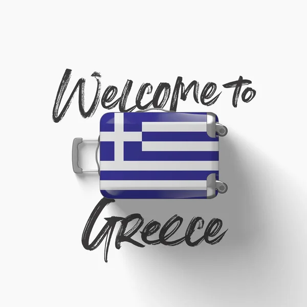Καλώς ήρθατε στην Ελλάδα. εθνική σημαία σε μια βαλίτσα ταξιδίου. Απόδοση 3D — Φωτογραφία Αρχείου