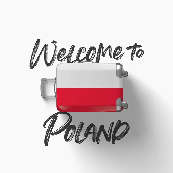 Benvenuto in Polonia. bandiera nazionale su una valigia da viaggio. Render 3D — Foto Stock