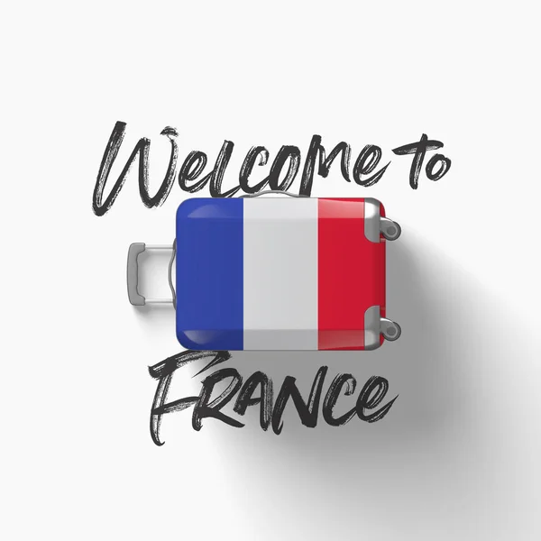 Bienvenue en France. drapeau national sur une valise de voyage. Expéditeur 3D — Photo