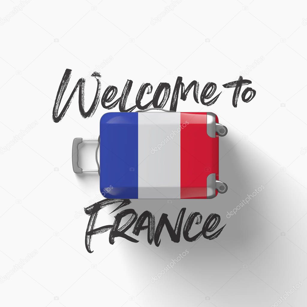 Welcome to France. national flag on a travel suitcase. 3D Render